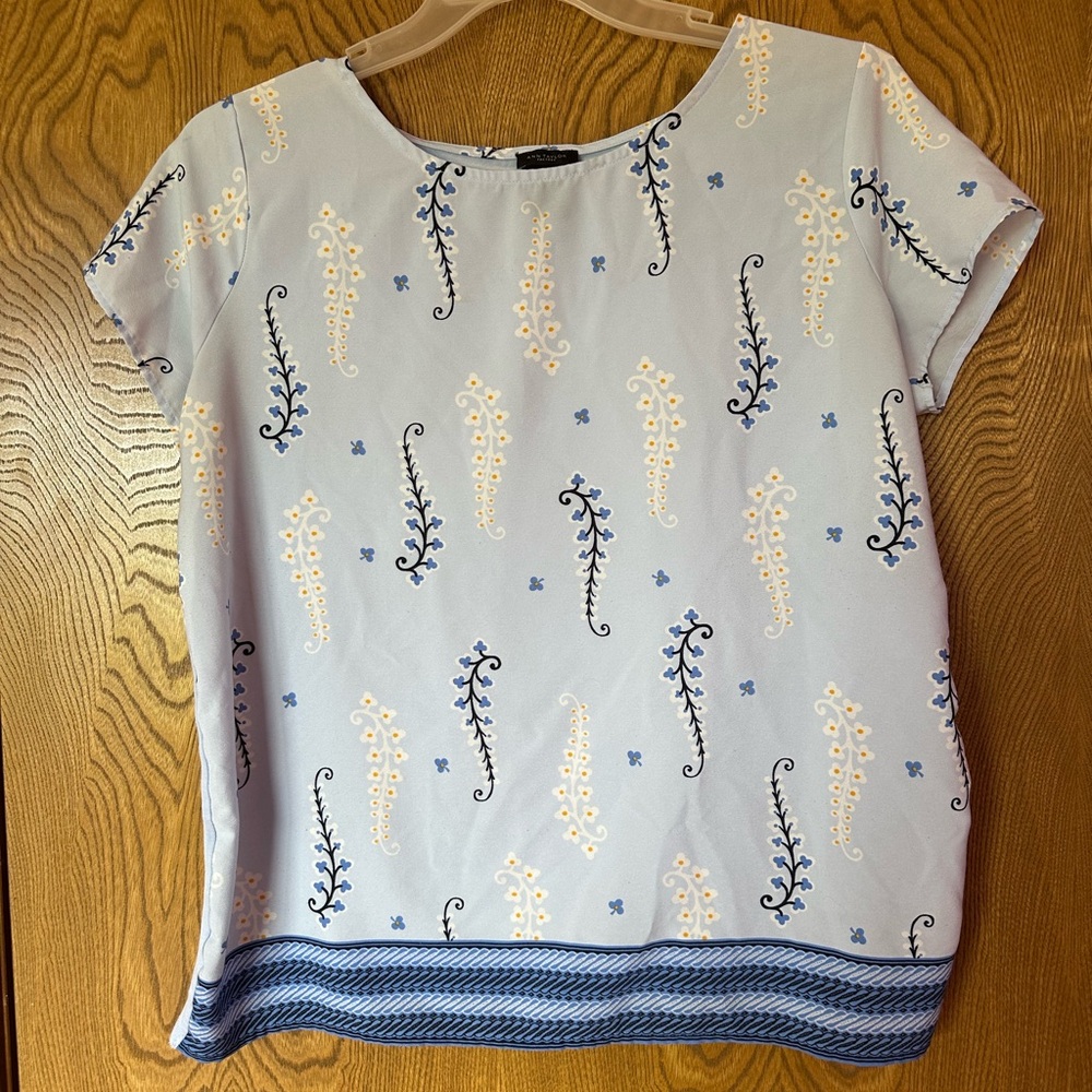 Ann Taylor White and Blue Cap Sleeve Boxy Blouse